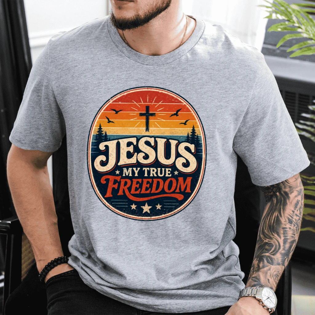 Retro Sunset Christian Faith Shirt - Jesus Is My True Freedom T-Shirt - Faith Gift for Jesus Lover - detail view