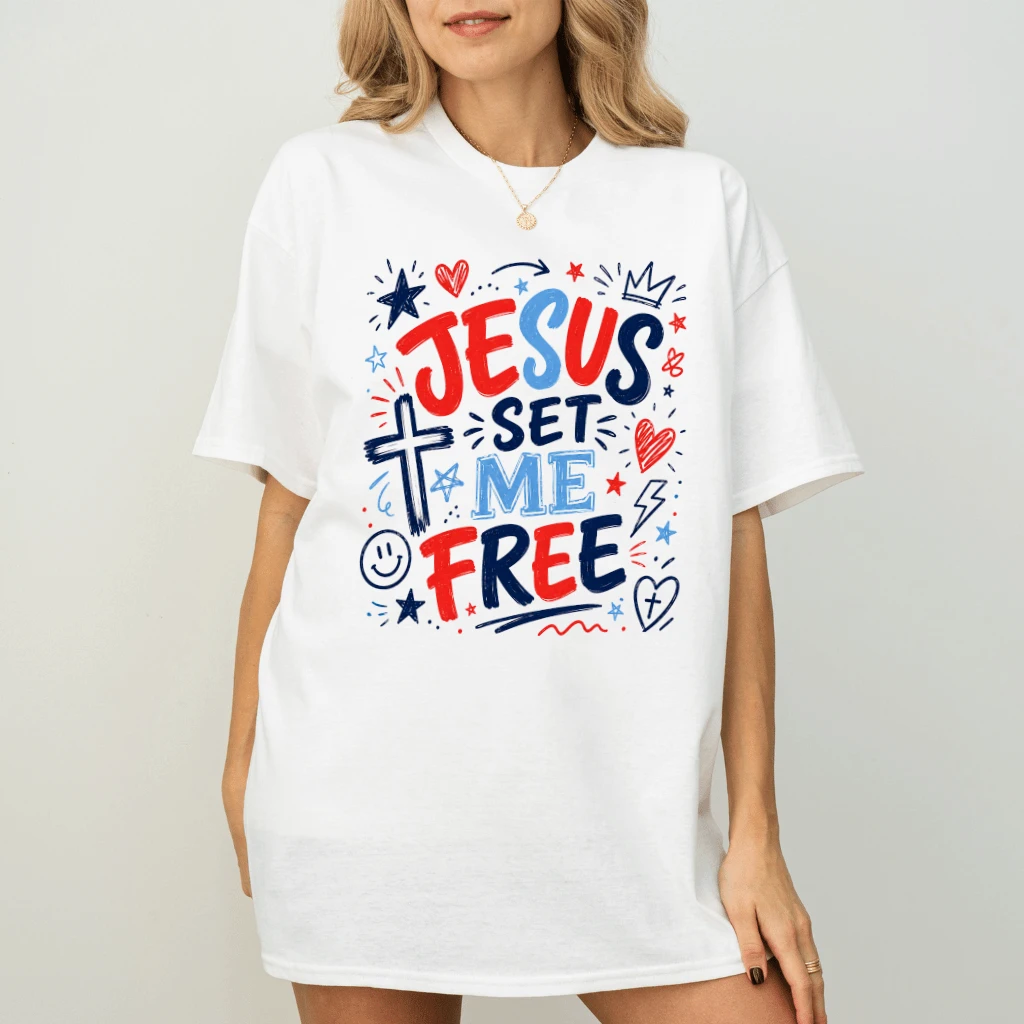 Jesus Set Me Free Patriotic Christian T-Shirt - Funny Jesus Faith Gift for Him & Her - back view