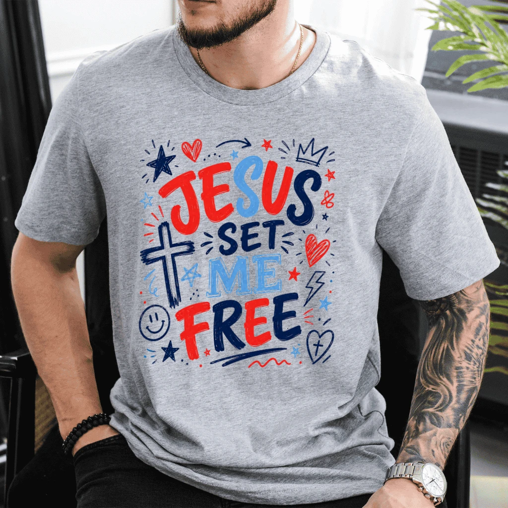 Jesus Set Me Free Patriotic Christian T-Shirt - Funny Jesus Faith Gift for Him & Her - detail view