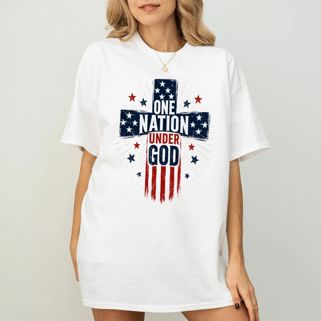 America One Nation Under God T-Shirt - Patriotic Christian Cross Faith Gift for 4th of July - back view