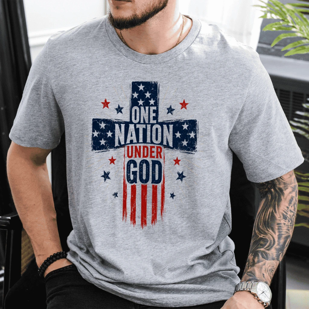 America One Nation Under God T-Shirt - Patriotic Christian Cross Faith Gift for 4th of July - detail view