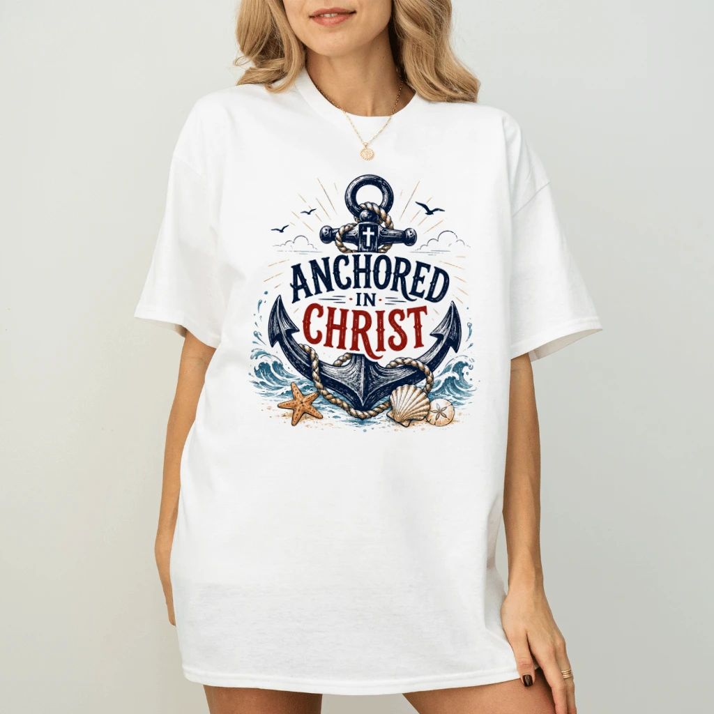 Retro Christian Faith Shirt - Anchored in Christ T-Shirt - Faith Gift for Religious Believers - back view