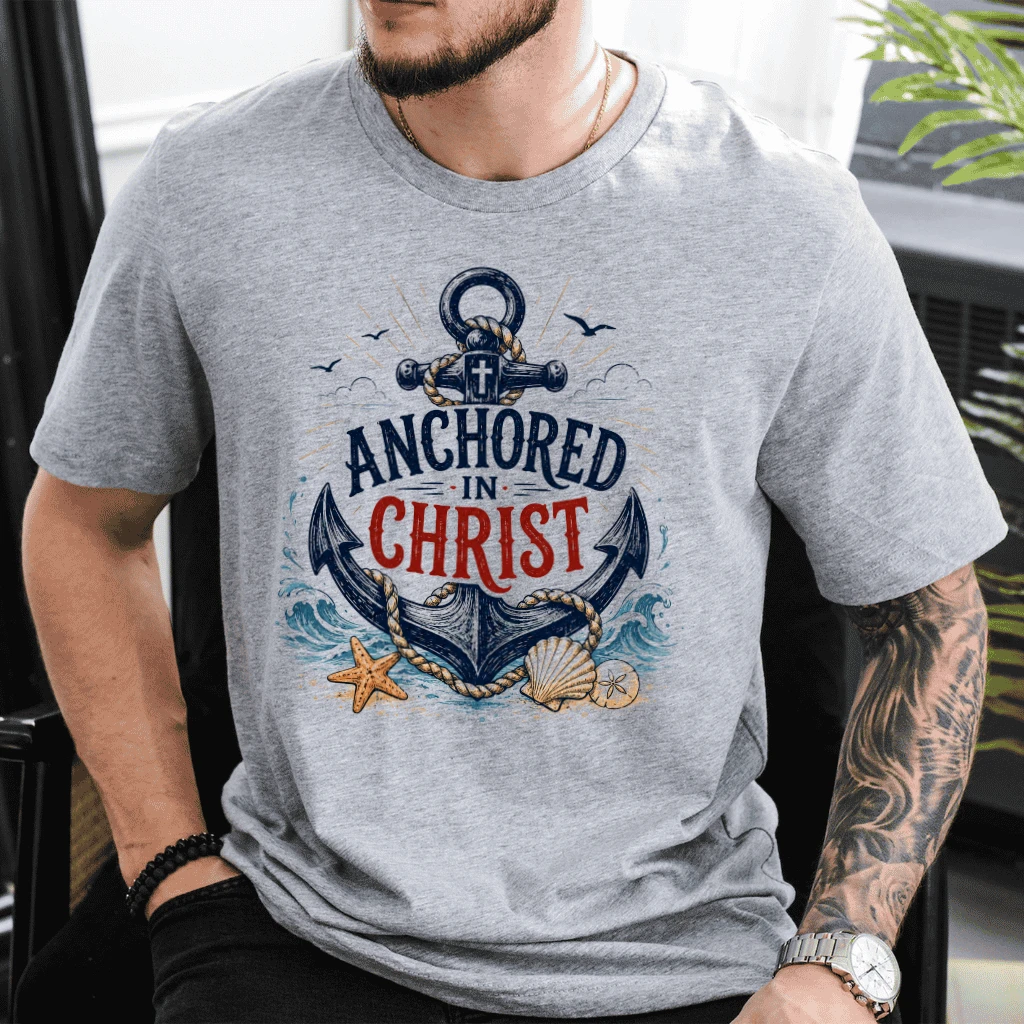 Retro Christian Faith Shirt - Anchored in Christ T-Shirt - Faith Gift for Religious Believers - detail view