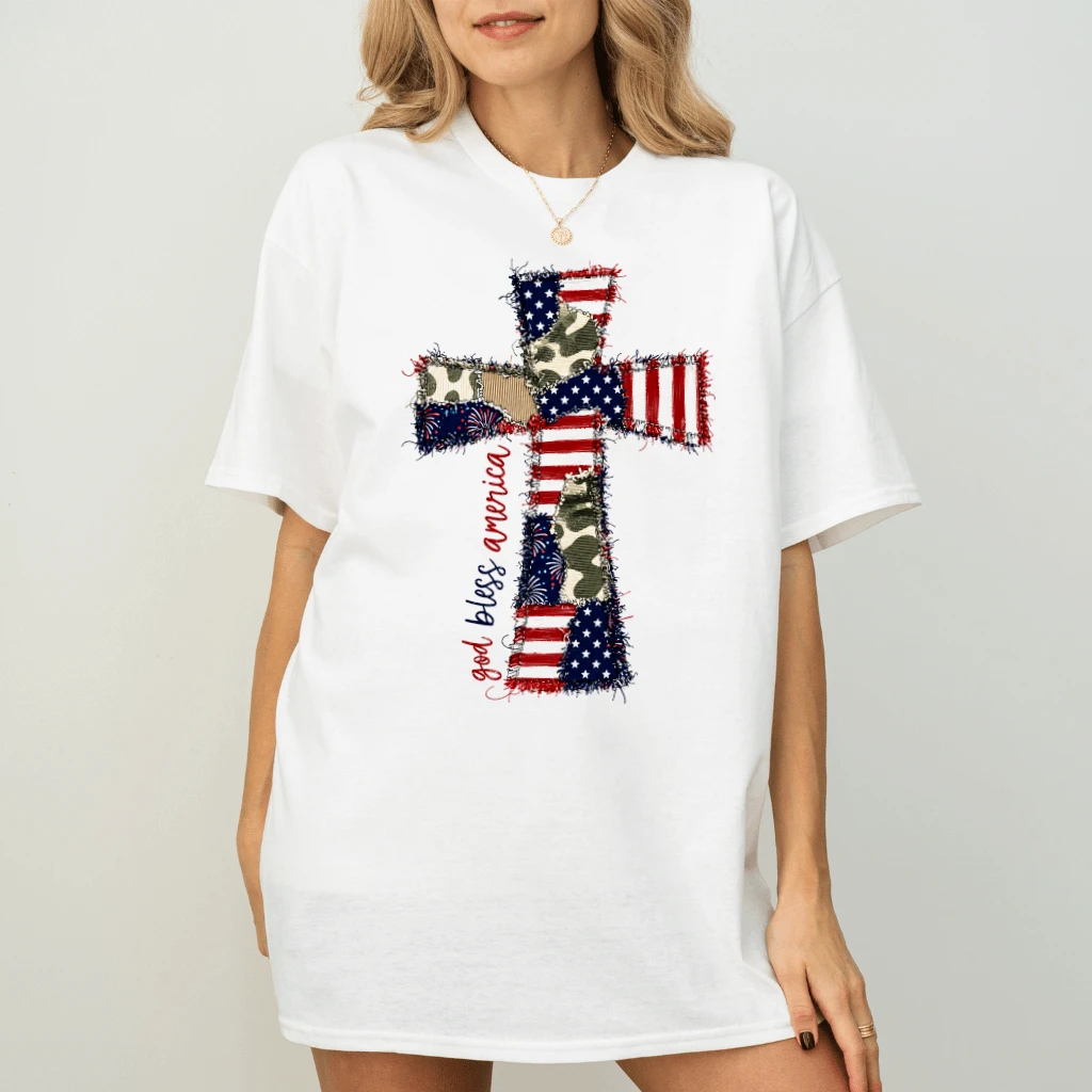 Patchwork Patriotic Cross God Bless America T-Shirt - Faith Based USA Patriotic Gift for Her - back view