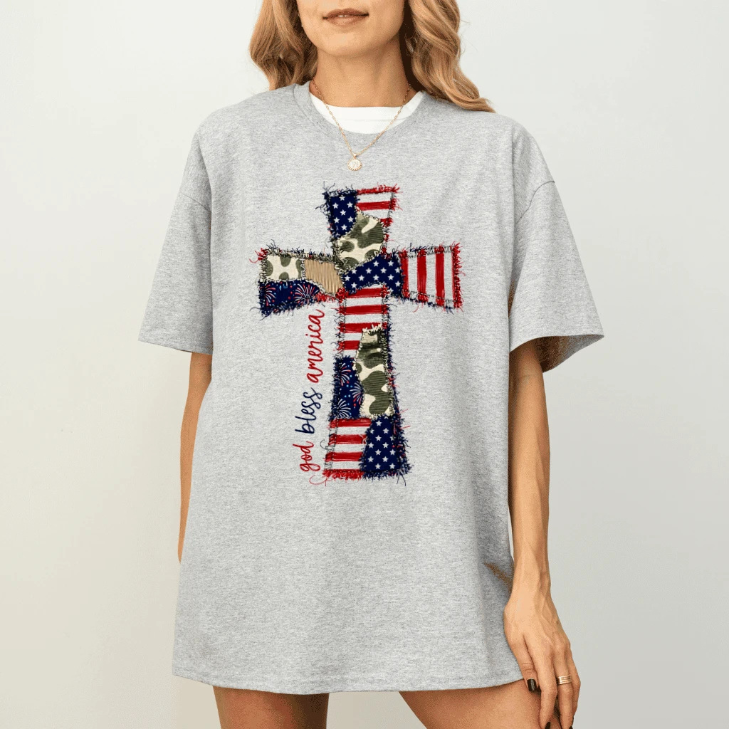 Patchwork Patriotic Cross God Bless America T-Shirt - Faith Based USA Patriotic Gift for Her - detail view