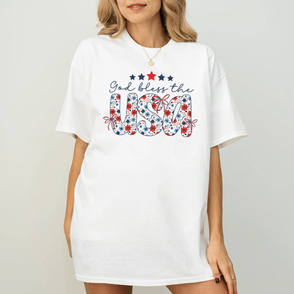 Coquette Bow God Bless USA T-Shirt - Floral USA Patriotic Christian Gift for Women - back view
