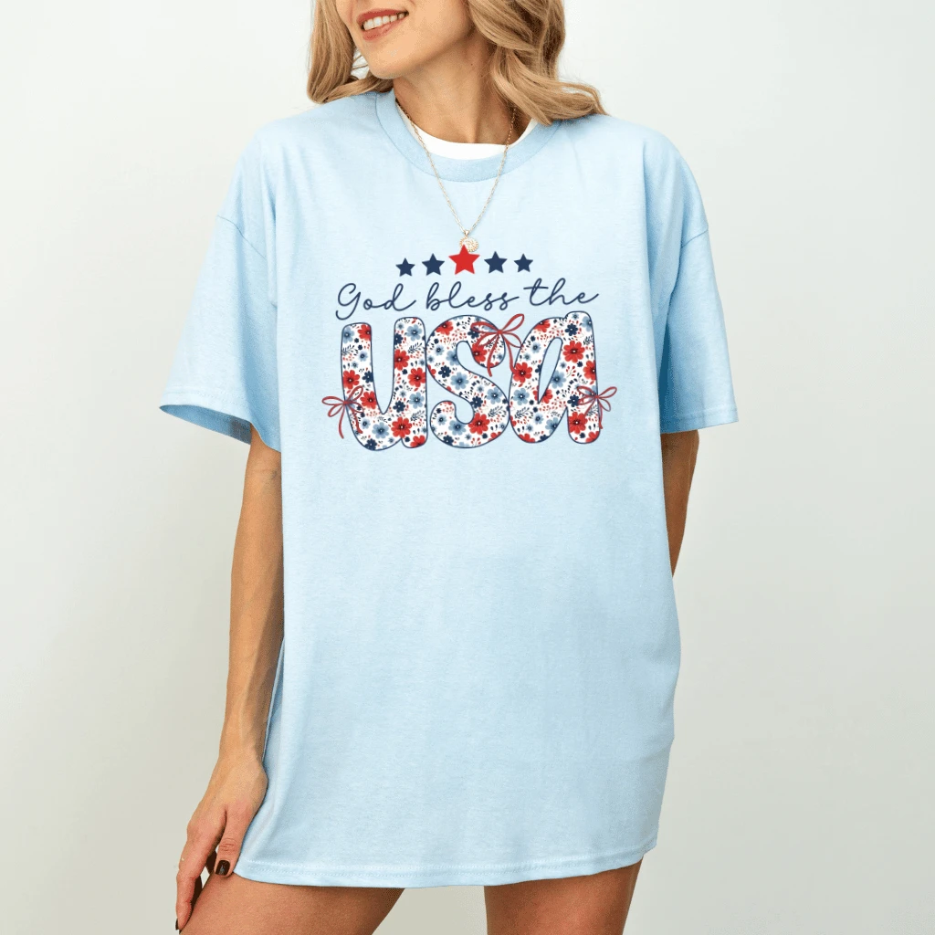 Coquette Bow God Bless USA T-Shirt - Floral USA Patriotic Christian Gift for Women - detail view