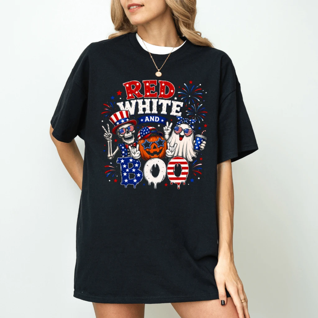 Red White and Boo T-Shirt - Ghost Skeleton Pumpkin Funny Summerween Patriotism Gift for Him & Her - back view