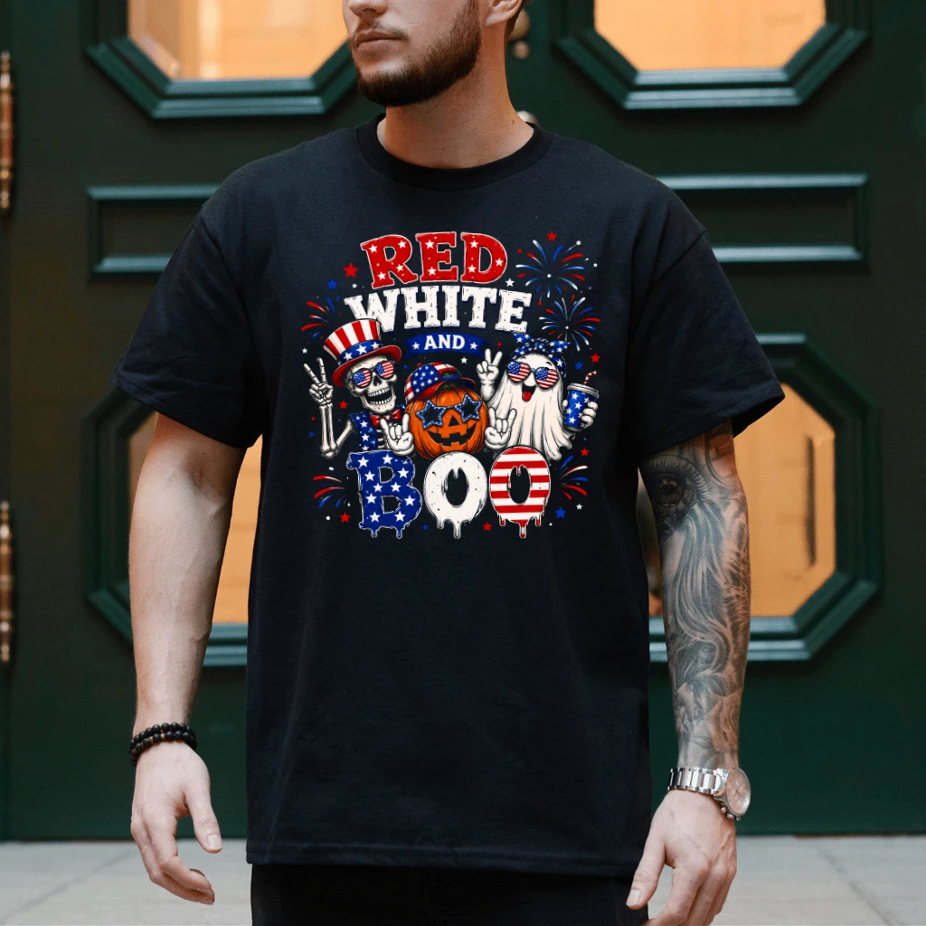 Red White and Boo T-Shirt - Ghost Skeleton Pumpkin Funny Summerween Patriotism Gift for Him & Her - detail view