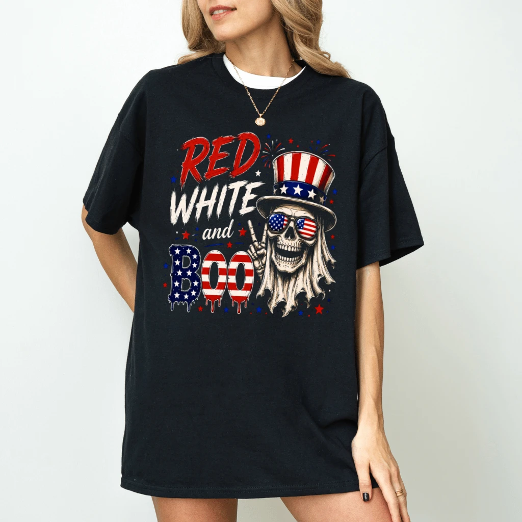 Funny 4th of July Red White and Boo T-Shirt - Spooky Skeleton Patriotic Gift for Him & Her - back view