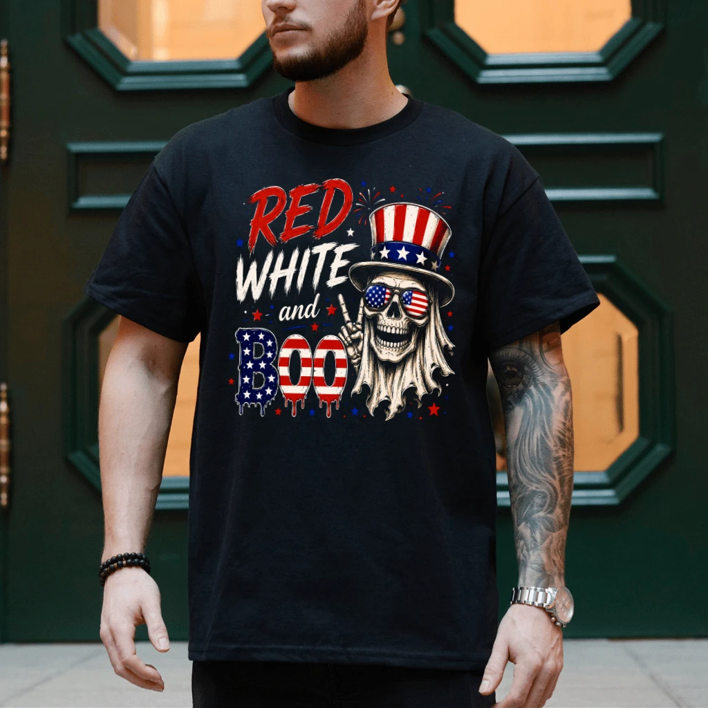Funny 4th of July Red White and Boo T-Shirt - Spooky Skeleton Patriotic Gift for Him & Her - detail view