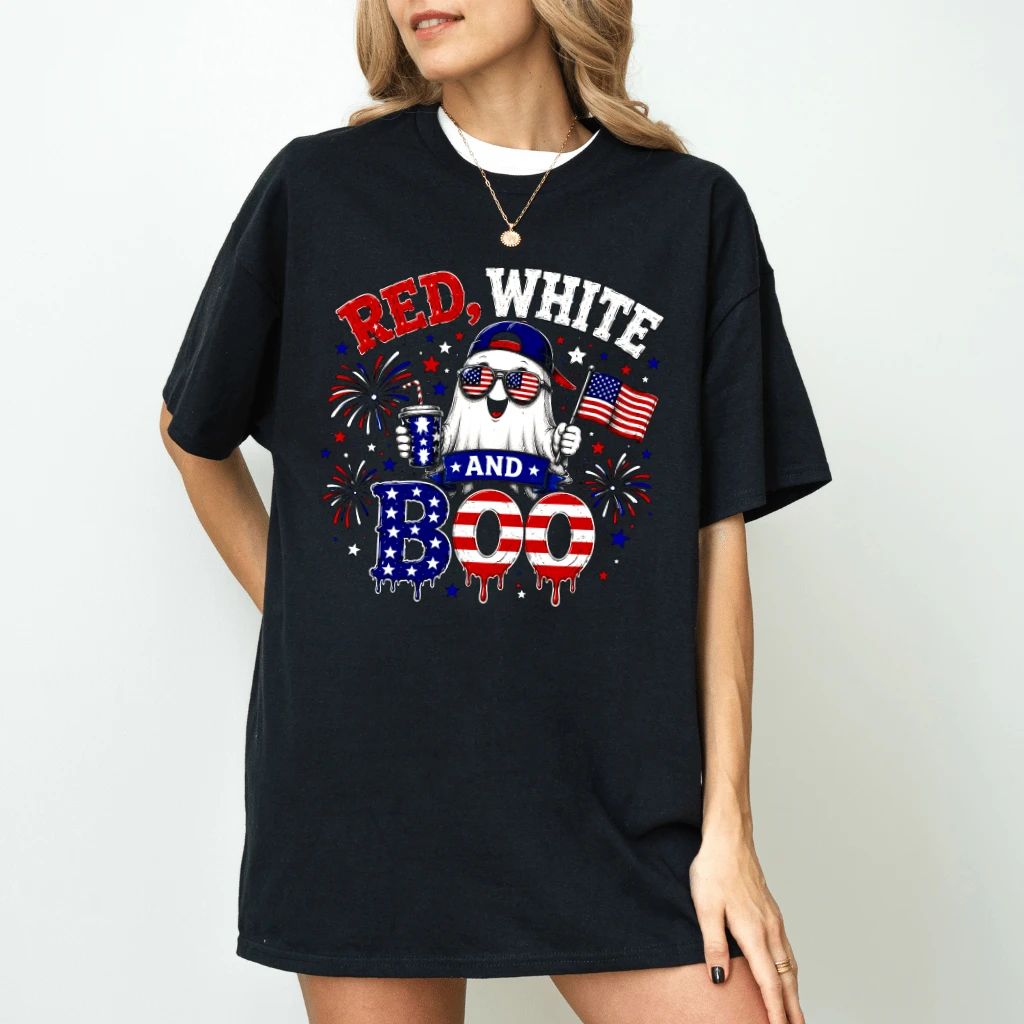 Red White and Boo Patriotic Summerween T-Shirt - Cute Spooky Ghost 4th of July Gift for Him & Her - back view