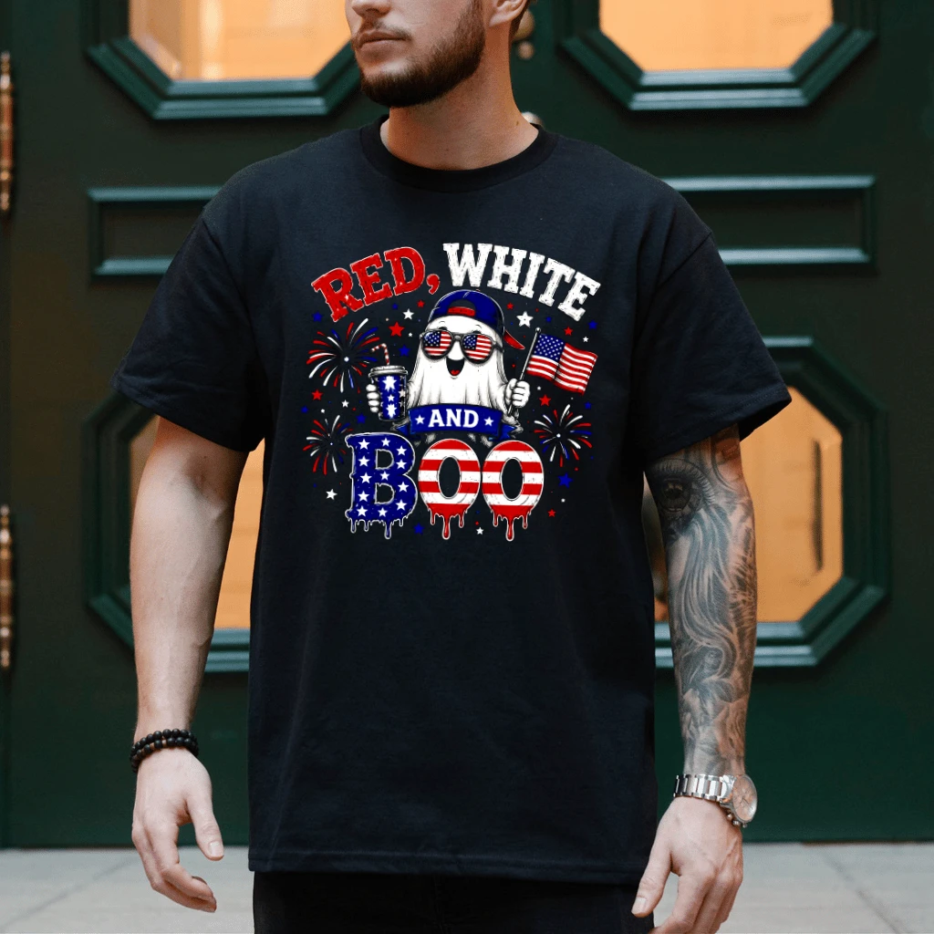 Red White and Boo Patriotic Summerween T-Shirt - Cute Spooky Ghost 4th of July Gift for Him & Her - detail view