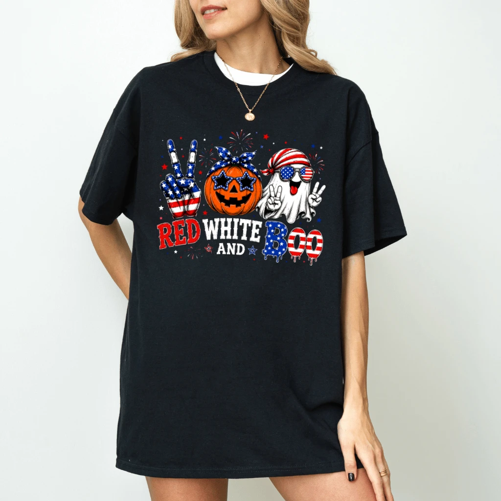 Funny Patriotic Red White and Boo T-Shirt - Cute 4th of July Summerween Gift for Boo Lovers - back view
