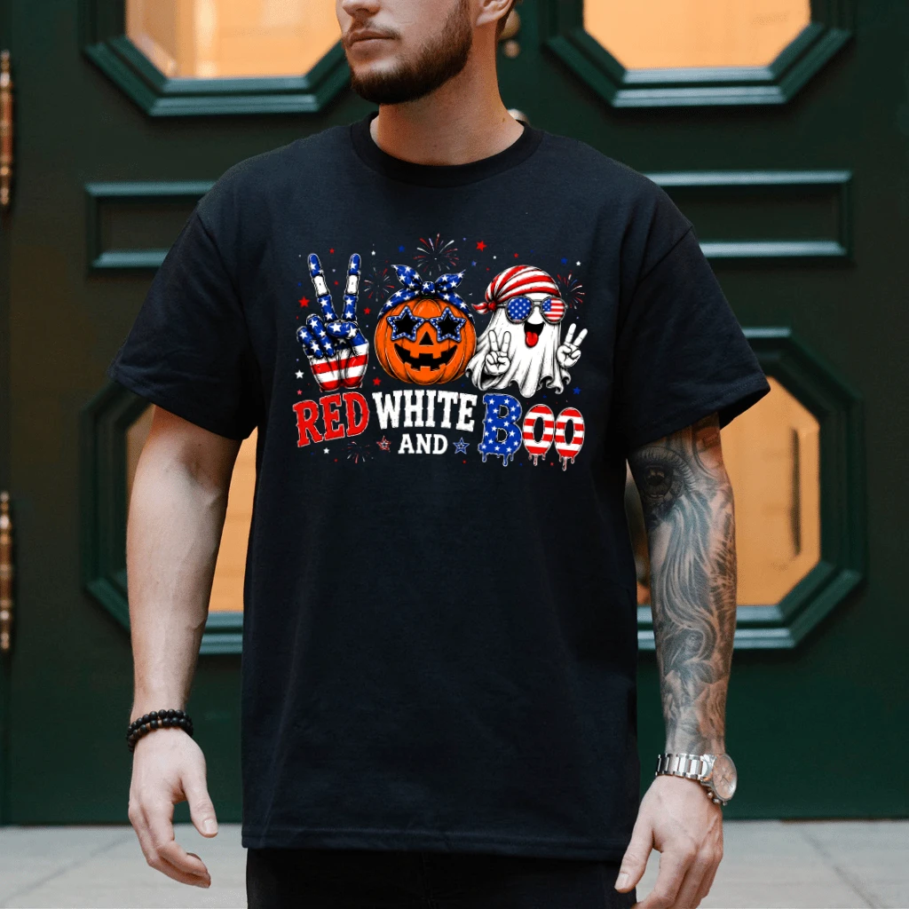 Funny Patriotic Red White and Boo T-Shirt - Cute 4th of July Summerween Gift for Boo Lovers - detail view