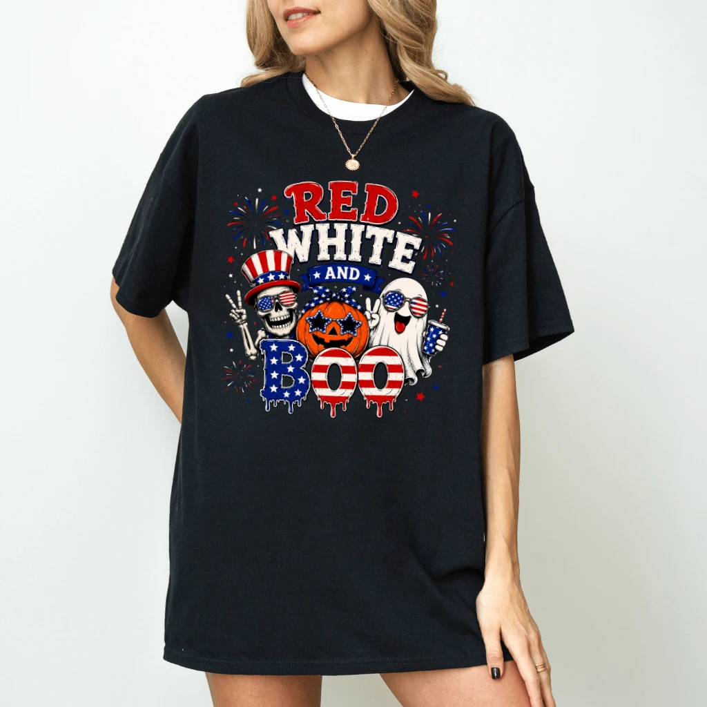 Red White and Boo T-Shirt - Spooky Patriotic Summerween Gift for Him & Her - back view