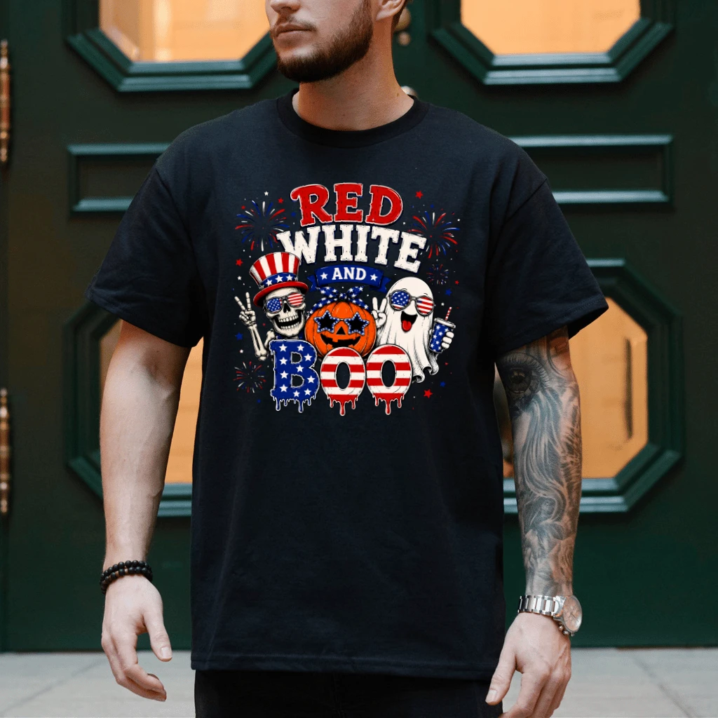 Red White and Boo T-Shirt - Spooky Patriotic Summerween Gift for Him & Her - detail view