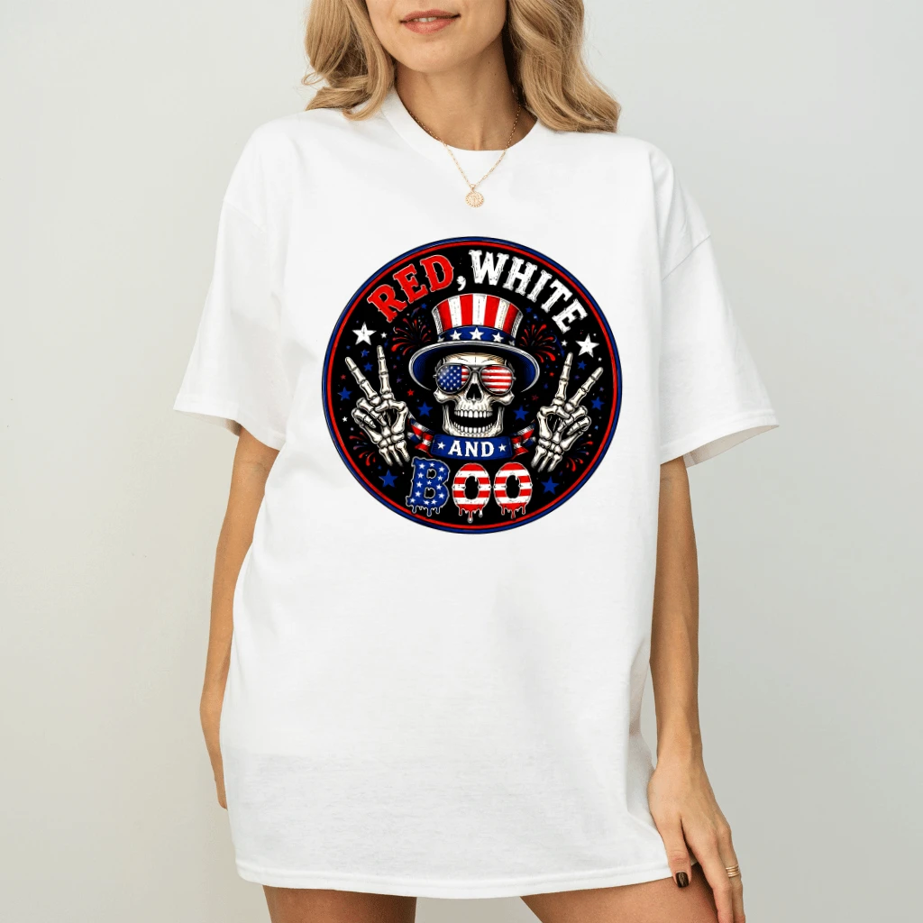 Spooky USA Flag Skeleton T-Shirt - Red White and Boo Funny Patriotic Gift for Him & Her - back view