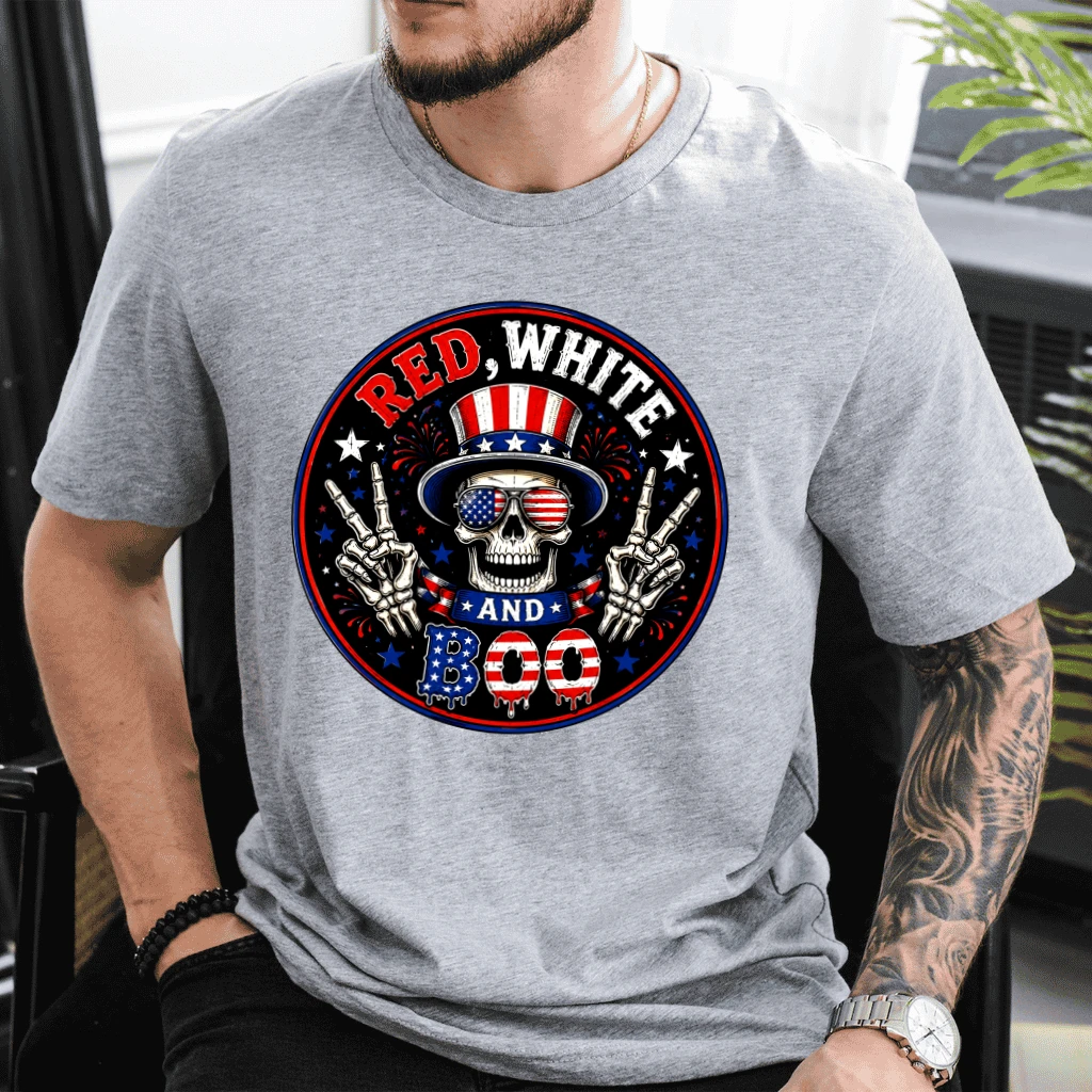 Spooky USA Flag Skeleton T-Shirt - Red White and Boo Funny Patriotic Gift for Him & Her - detail view