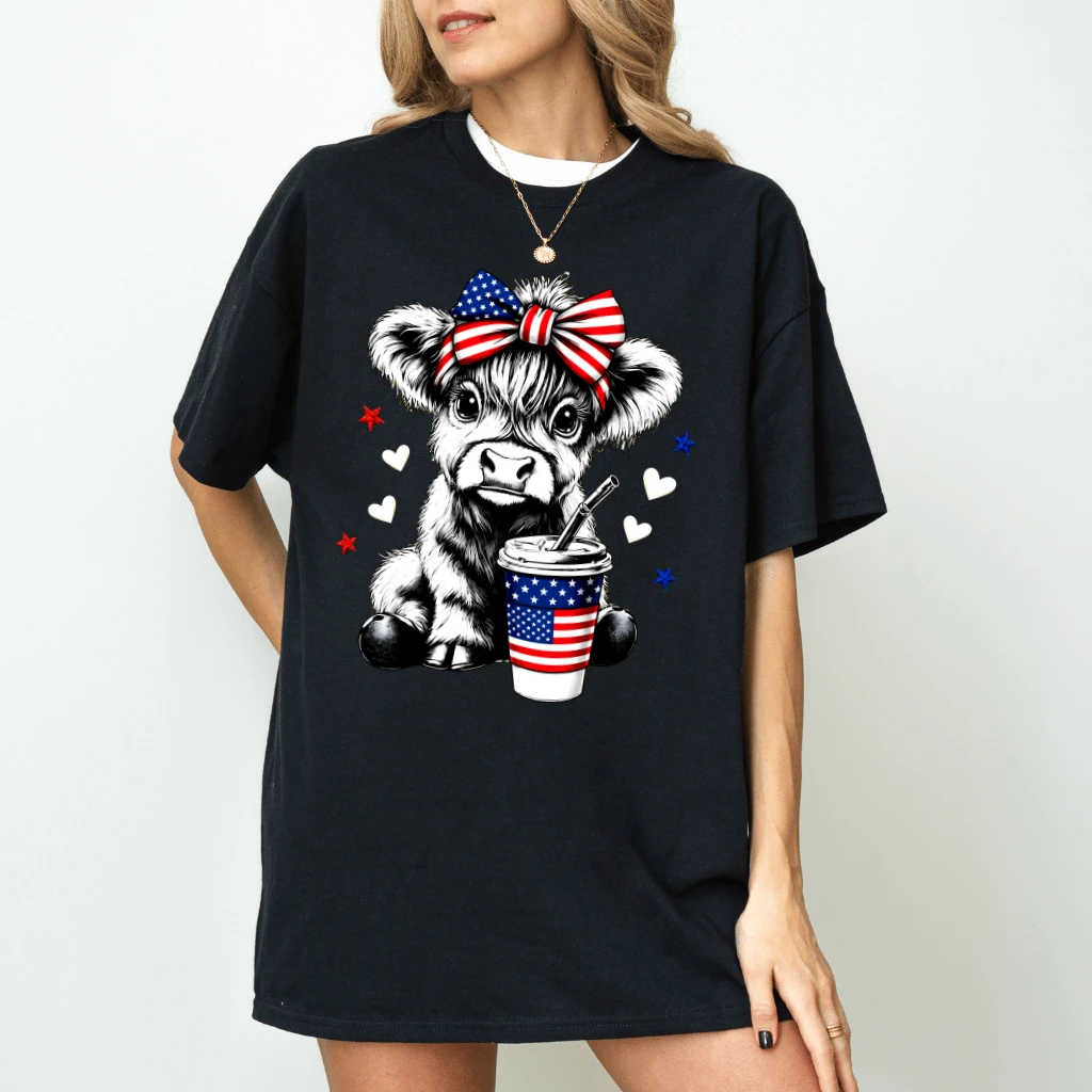 Highland Cow 4th of July T-Shirt - Cute Farm Animal Independence Day Gift for Her - back view