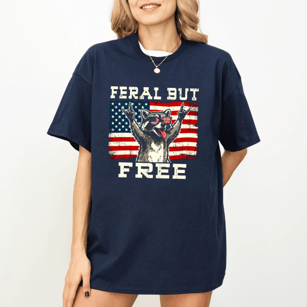 Feral But Free Patriotic Raccoon T-Shirt - Funny 4th of July Gift for Raccoon Lover - detail view