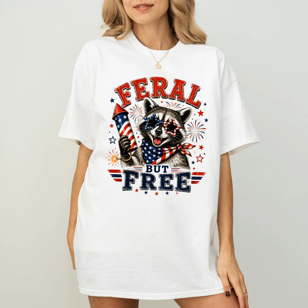 Feral But Free Funny America Fireworks Patriotic Raccoon T-Shirt - Cute 4th of July Gift for Raccoon Lover - back view