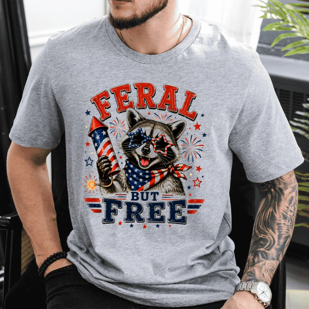 Feral But Free Funny America Fireworks Patriotic Raccoon T-Shirt - Cute 4th of July Gift for Raccoon Lover - detail view