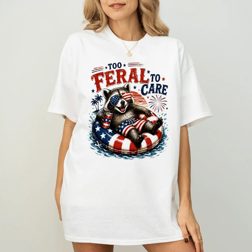 Too Feral To Care Funny Patriotic Feral Raccoon T-Shirt - 4th of July Gift for Raccoon Lover - back view