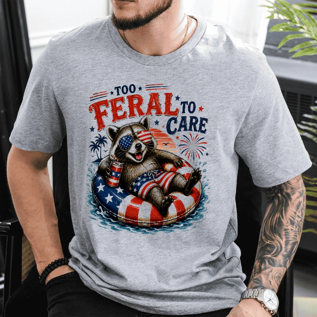 Too Feral To Care Funny Patriotic Feral Raccoon T-Shirt - 4th of July Gift for Raccoon Lover - detail view