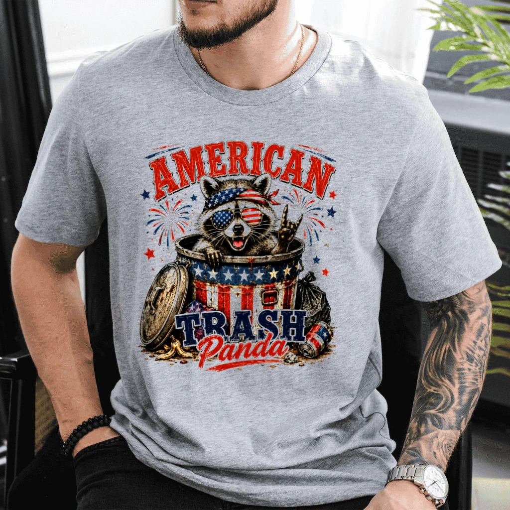 American Trash Panda Funny Patriotic Raccoon T-Shirt - Perfect 4th of July Gift for Raccoon Lover - detail view
