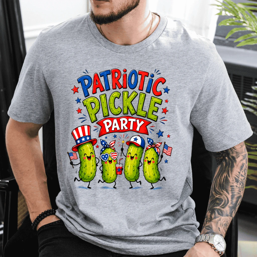 Patriotic Pickle Party Funny America Pickle T-Shirt - Cute 4th of July Gift for Pickle Lover - detail view