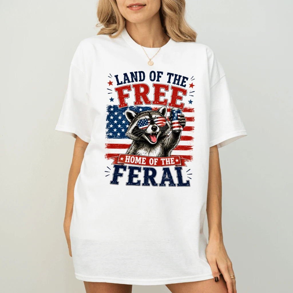 Land Of The Free Funny Feral Raccoon T-Shirt - USA Patriotic Gift for Raccoon Lover - back view