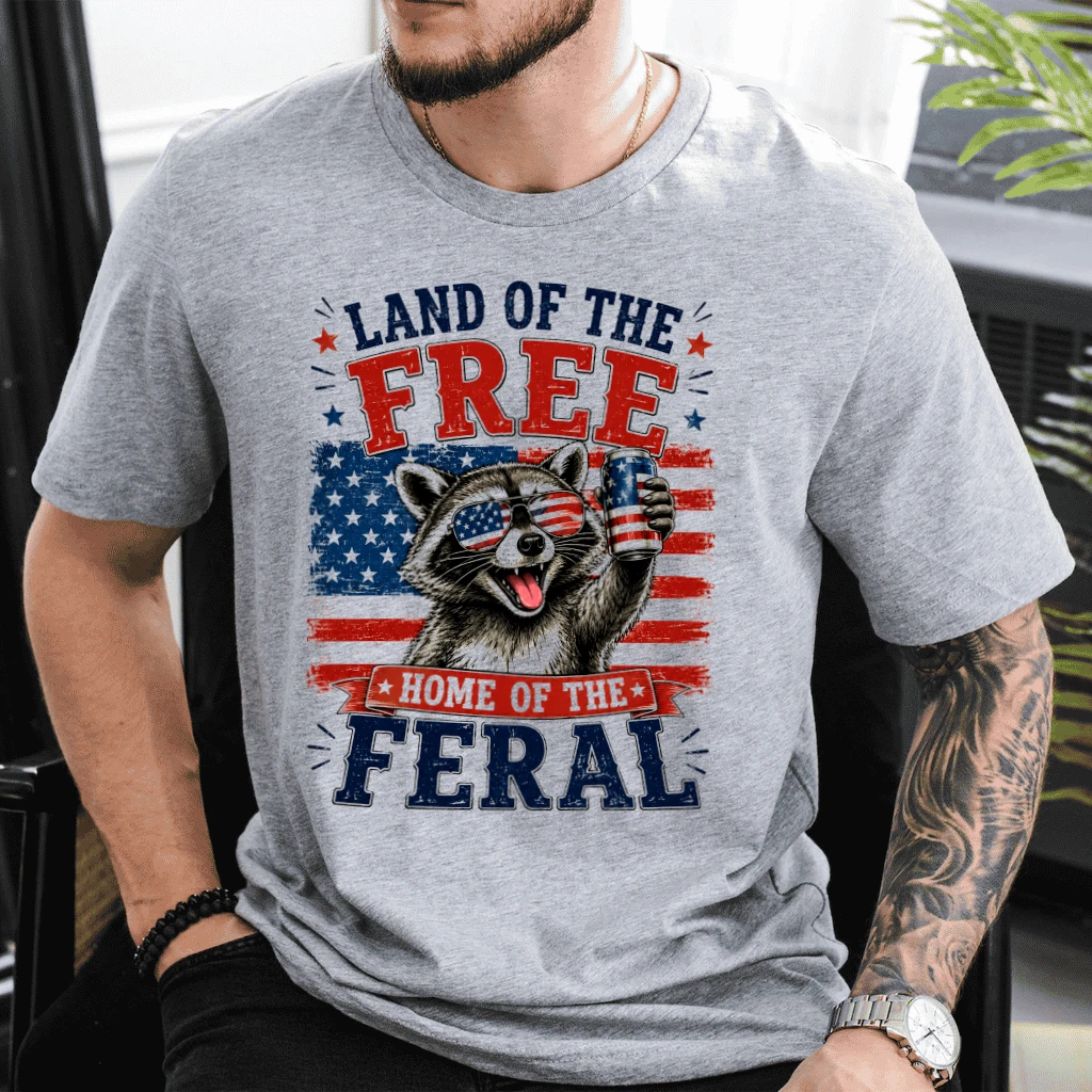 Land Of The Free Funny Feral Raccoon T-Shirt - USA Patriotic Gift for Raccoon Lover - detail view