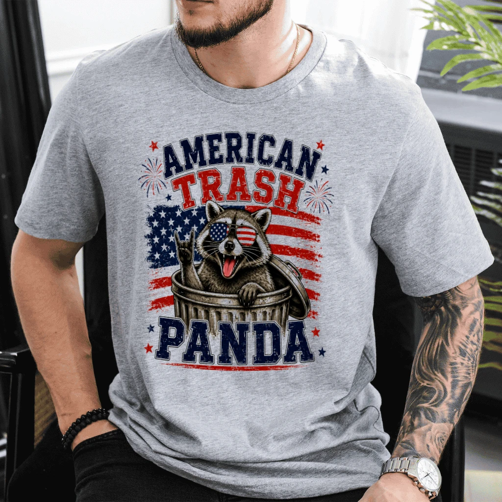 Retro American Trash Panda 250th Anniversary T-Shirt - Humor USA Patriotic Raccoon Gift for Him & Her - detail view