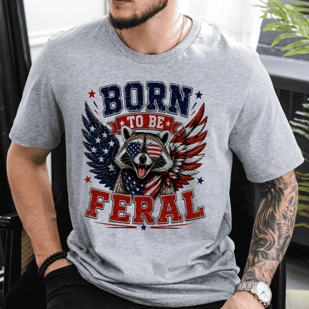 Born To Be Feral America Patriotic Raccoon T-Shirt - Funny 4th of July Gift for Raccoon Lover - back view