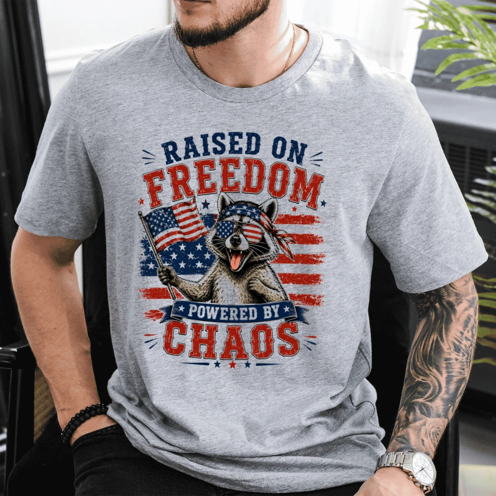 America Raccoon Raised on Freedom 250th Anniversary T-Shirt - Funny USA Patriotic Gift for Raccoon Lover - back view