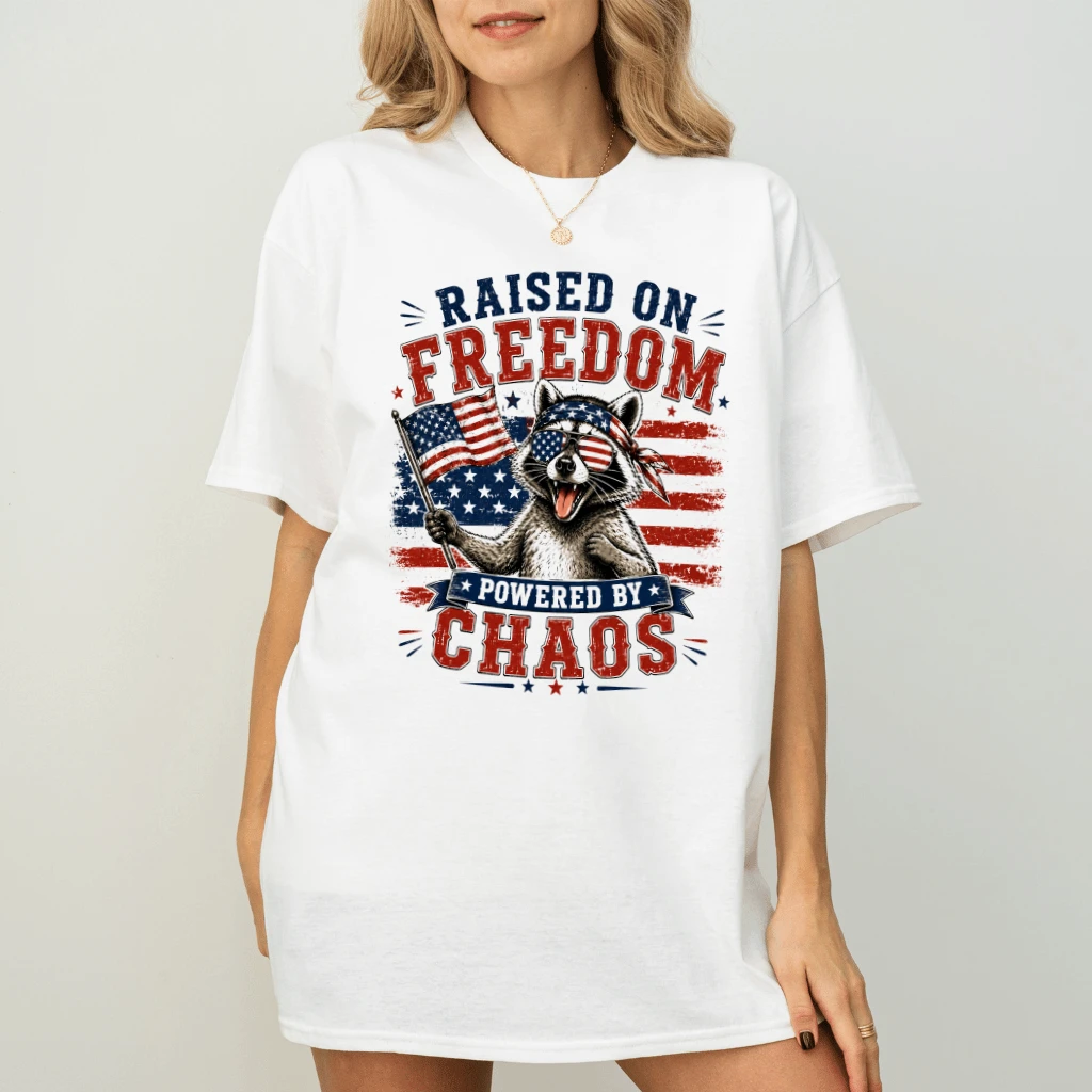 America Raccoon Raised on Freedom 250th Anniversary T-Shirt - Funny USA Patriotic Gift for Raccoon Lover - detail view