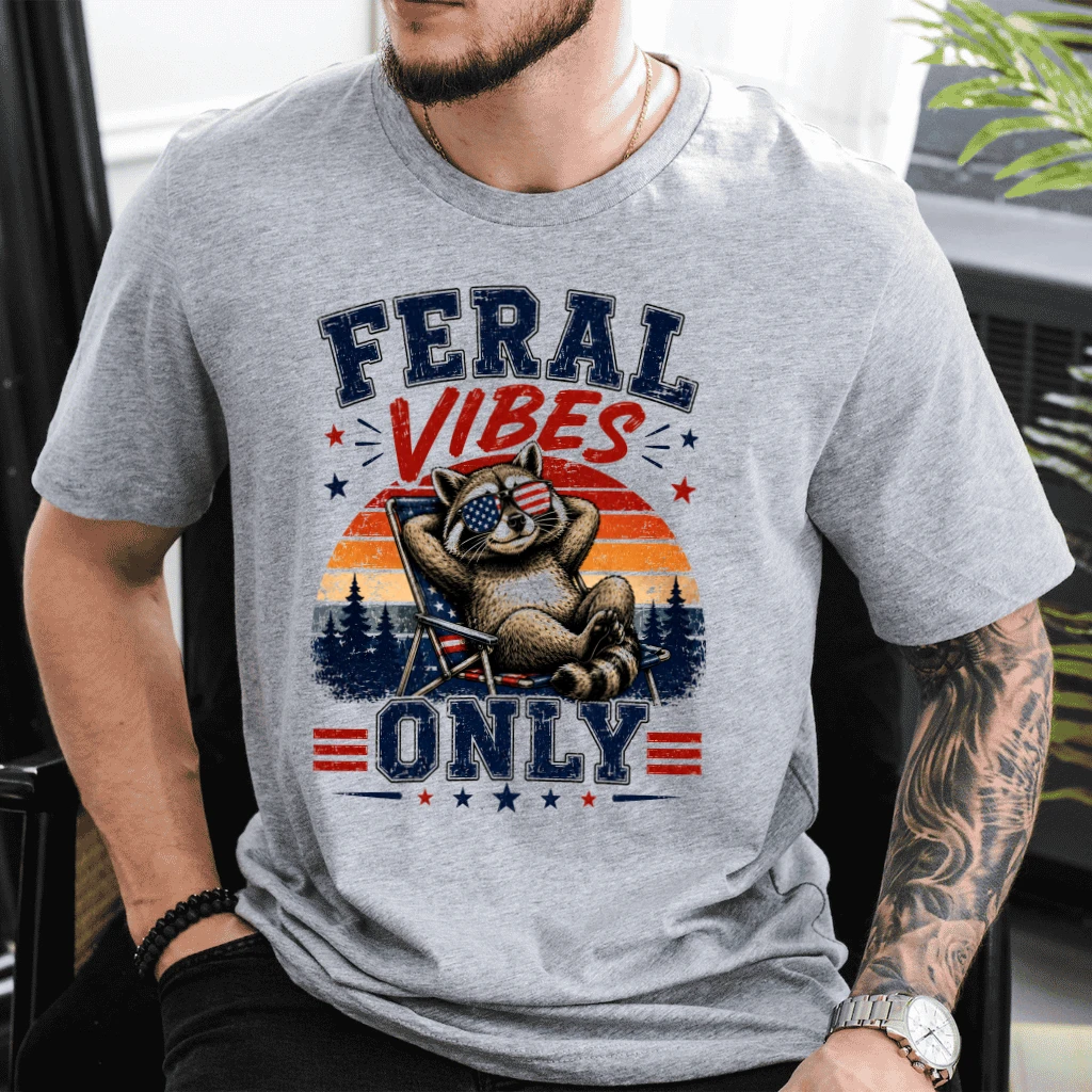 Funny American Feral Raccoon T-Shirt - Feral Vibes Only Patriotic Gift for Raccoon Lover - back view