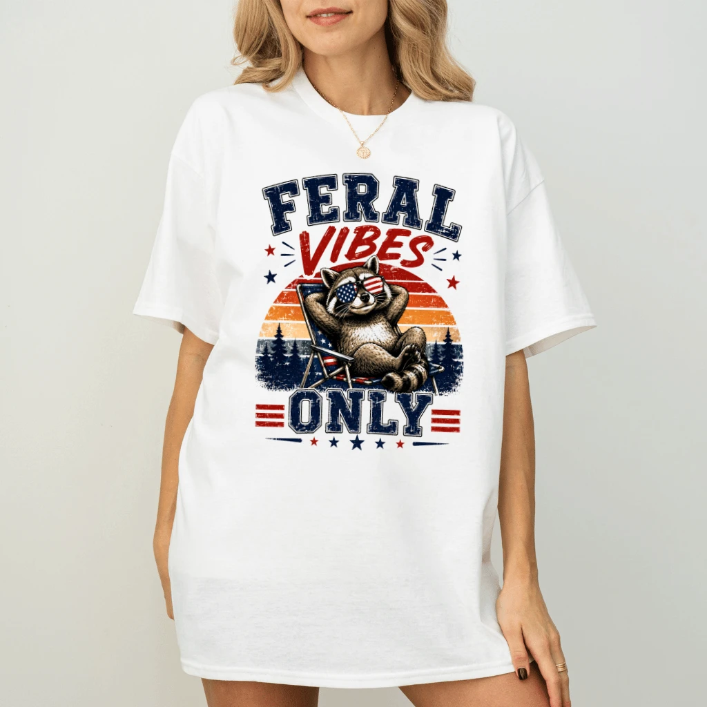 Funny American Feral Raccoon T-Shirt - Feral Vibes Only Patriotic Gift for Raccoon Lover - detail view