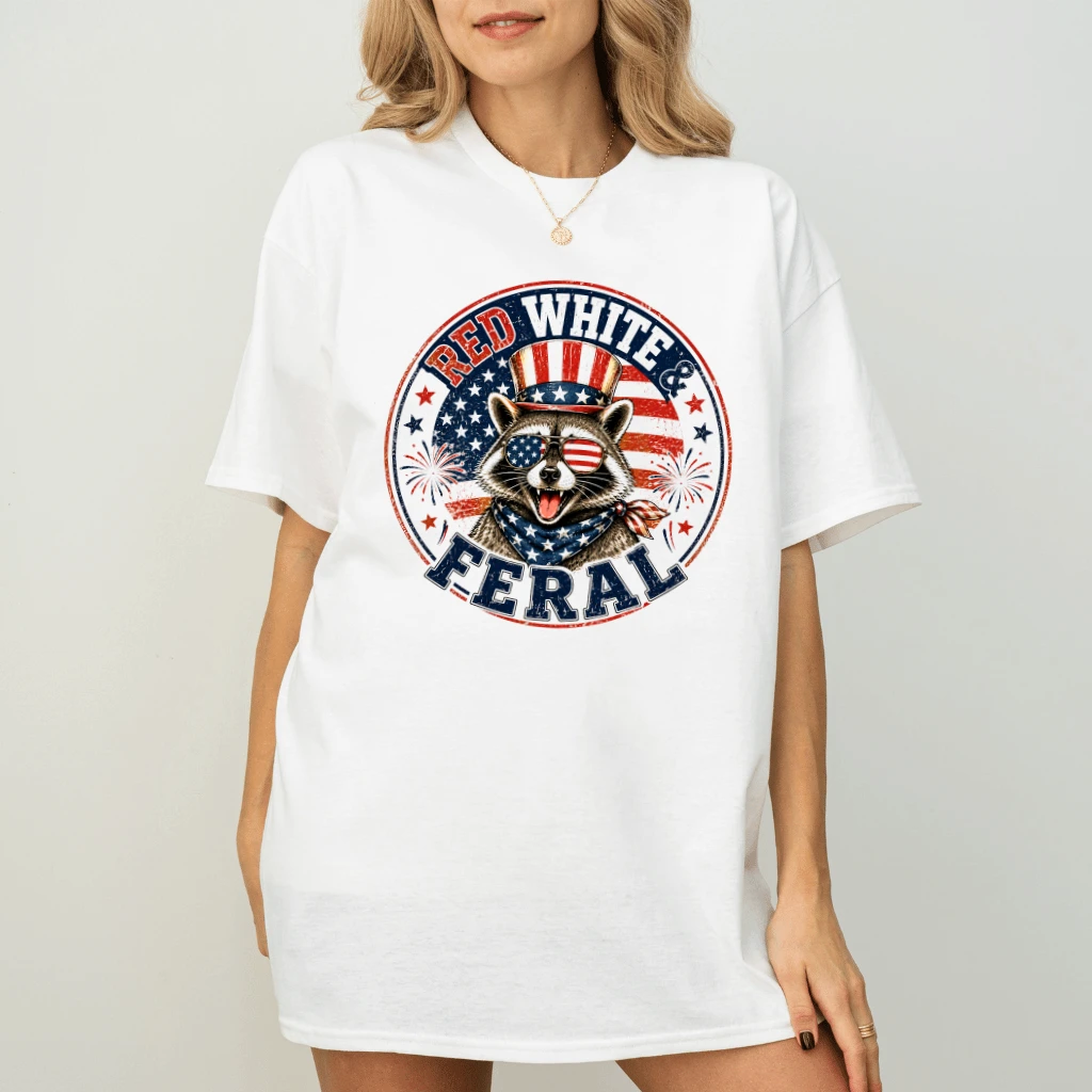 Red White Feral Raccoon T-Shirt - Funny America Patriotic Gift for Raccoon Lover - back view
