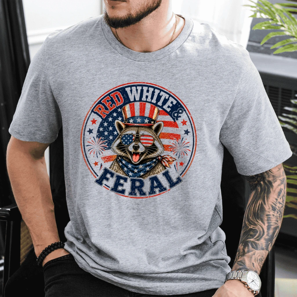 Red White Feral Raccoon T-Shirt - Funny America Patriotic Gift for Raccoon Lover - detail view