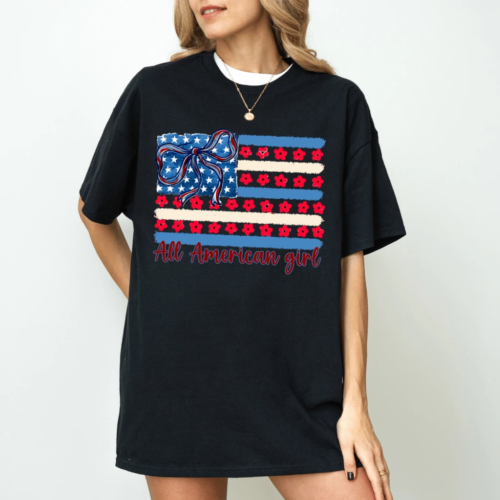 All American Girl Coquette Bow USA Flag T-Shirt - Cute USA Flag 4th of July Gift for Her - back view