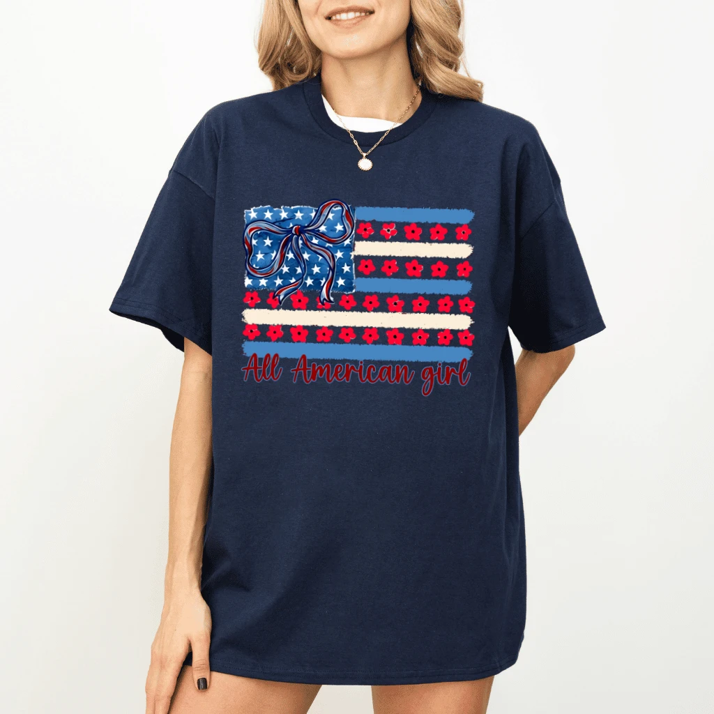 All American Girl Coquette Bow USA Flag T-Shirt - Cute USA Flag 4th of July Gift for Her - detail view