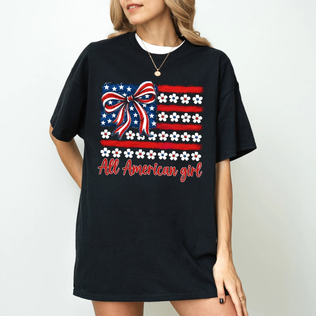 Coquette Bow USA Flag All America Girl T-Shirt - Lovely 4th of July Gift for Her - back view
