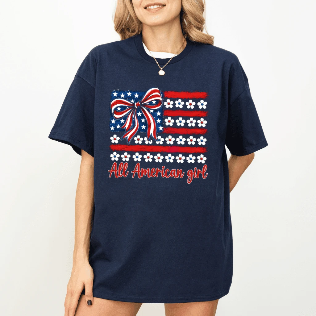 Coquette Bow USA Flag All America Girl T-Shirt - Lovely 4th of July Gift for Her - detail view