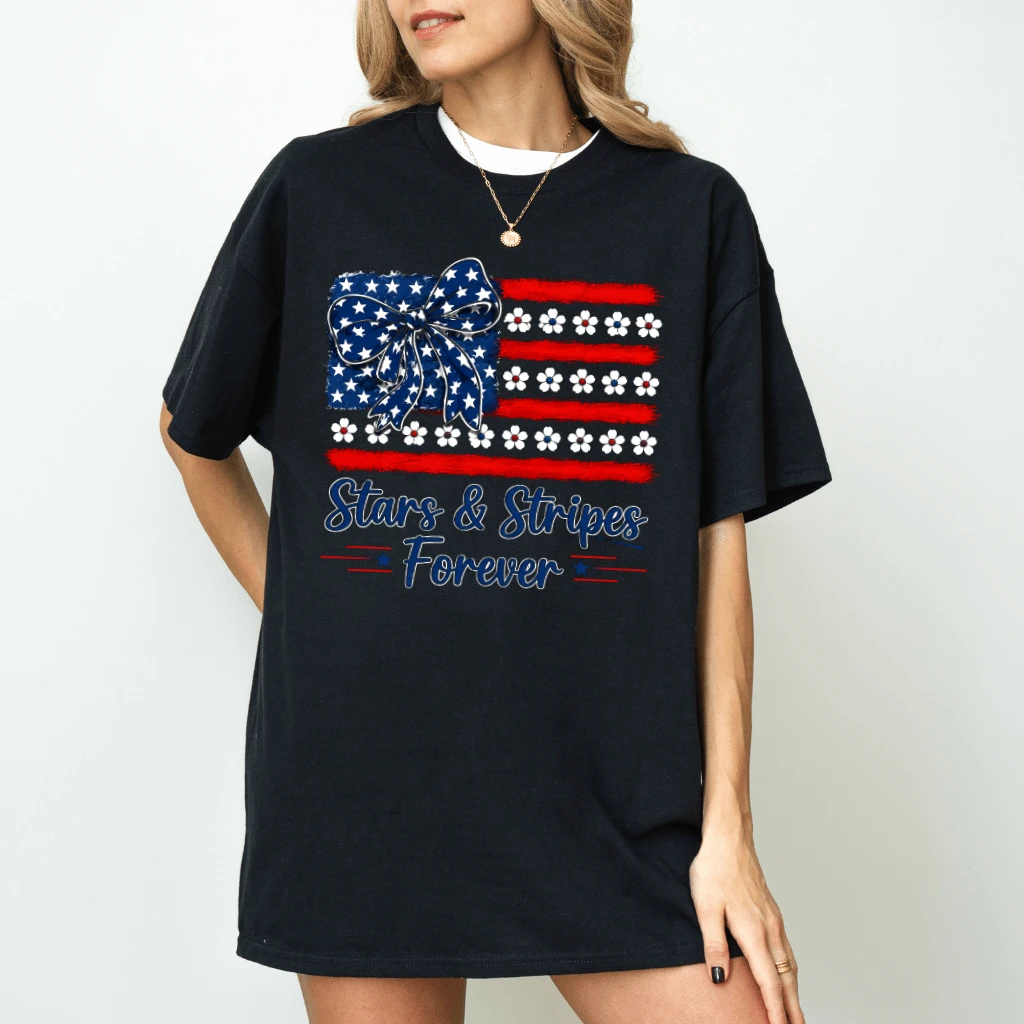 Coquette Stars & Stripes USA Flag T-Shirt - Cute 4th of July Gift for Her - back view