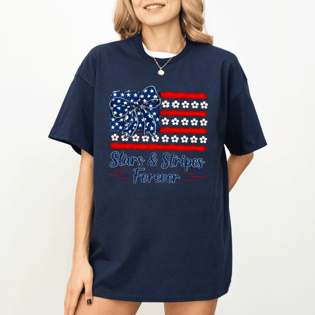 Coquette Stars & Stripes USA Flag T-Shirt - Cute 4th of July Gift for Her - detail view