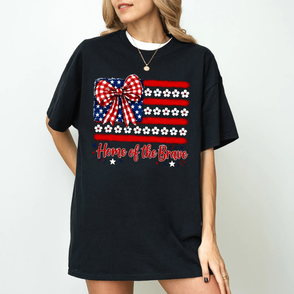 Home Of Brave Coquette USA Flag T-Shirt - Funny Patriotic Gift for Her - back view