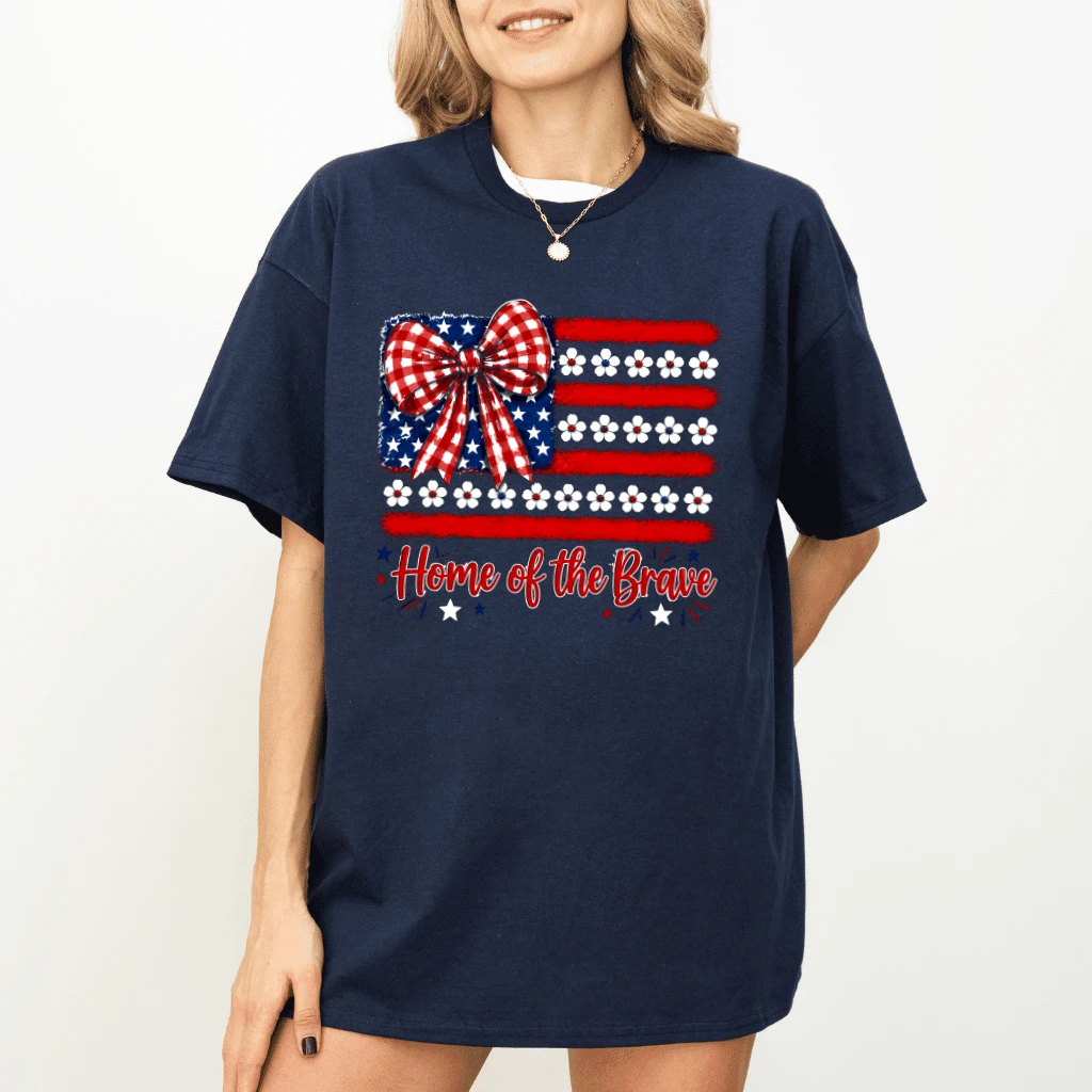 Home Of Brave Coquette USA Flag T-Shirt - Funny Patriotic Gift for Her - detail view