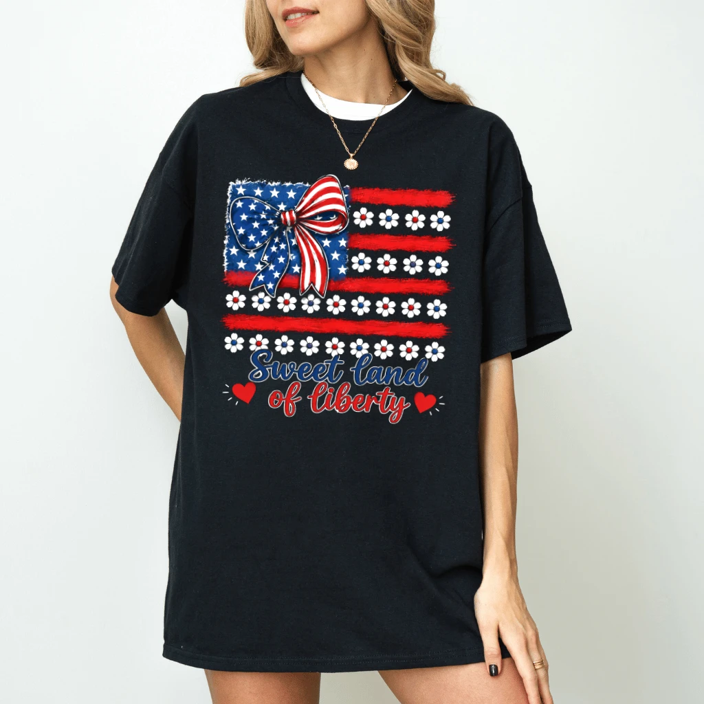 Coquette Bow USA Flag Sweet Land Of Liberty T-Shirt - Cute 4th of July Gift for Her - back view